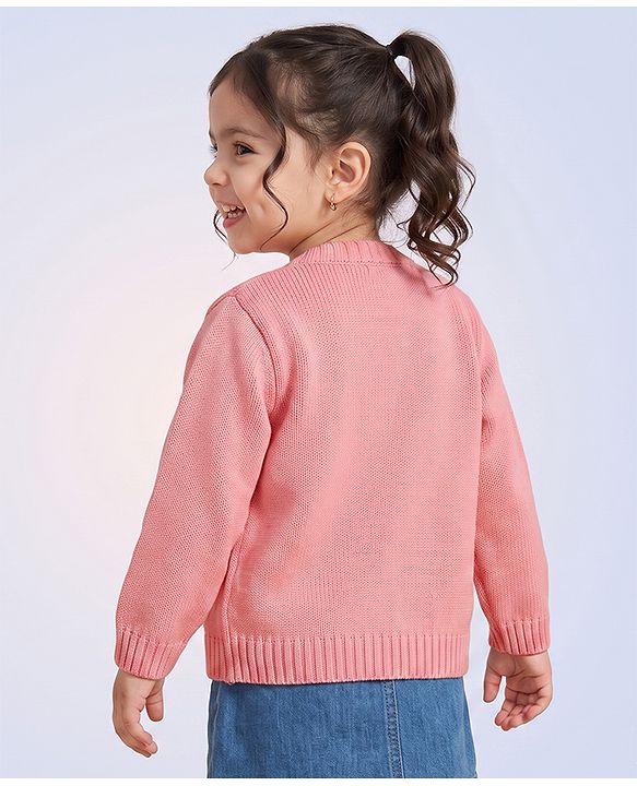 Babyhug Knit Front Open Sweater with Full Sleeves and Flower Embroidery - Rust