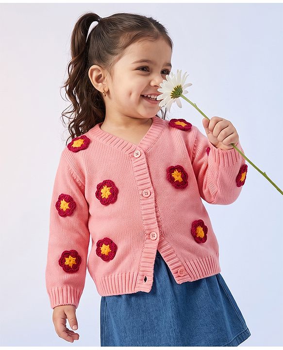 Babyhug Knit Front Open Sweater with Full Sleeves and Flower Embroidery - Rust