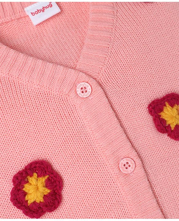 Babyhug Knit Front Open Sweater with Full Sleeves and Flower Embroidery - Rust