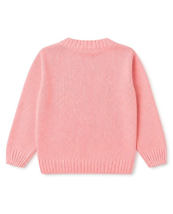 Babyhug Knit Front Open Sweater with Full Sleeves and Flower Embroidery - Rust