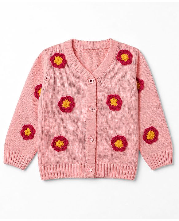 Babyhug Knit Front Open Sweater with Full Sleeves and Flower Embroidery - Rust