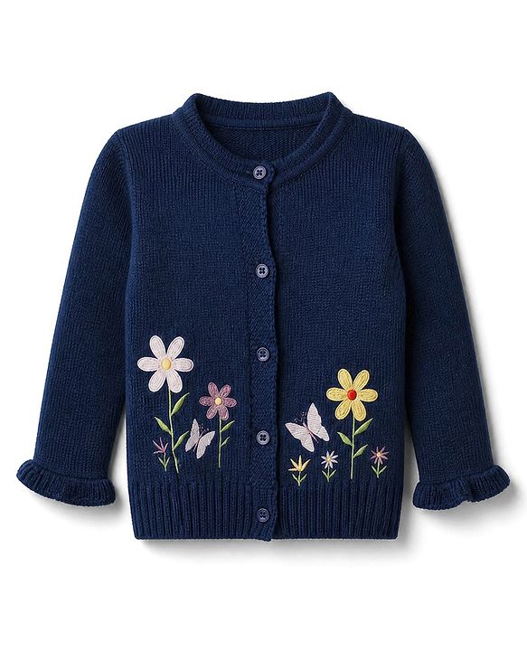Babyhug Knit Full Sleeves Front Open Sweaters with Floral Design - Navy Blue