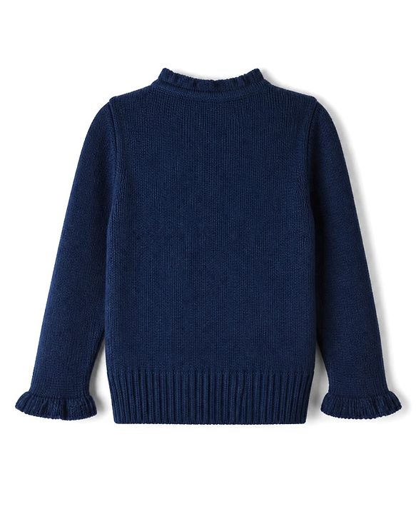 Babyhug Knit Full Sleeves Front Open Sweaters with Floral Design - Navy Blue