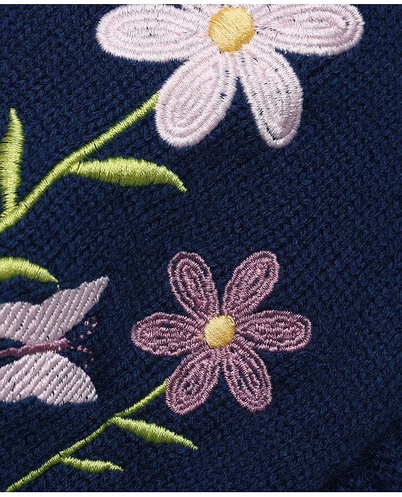 Babyhug Knit Full Sleeves Front Open Sweaters with Floral Design - Navy Blue
