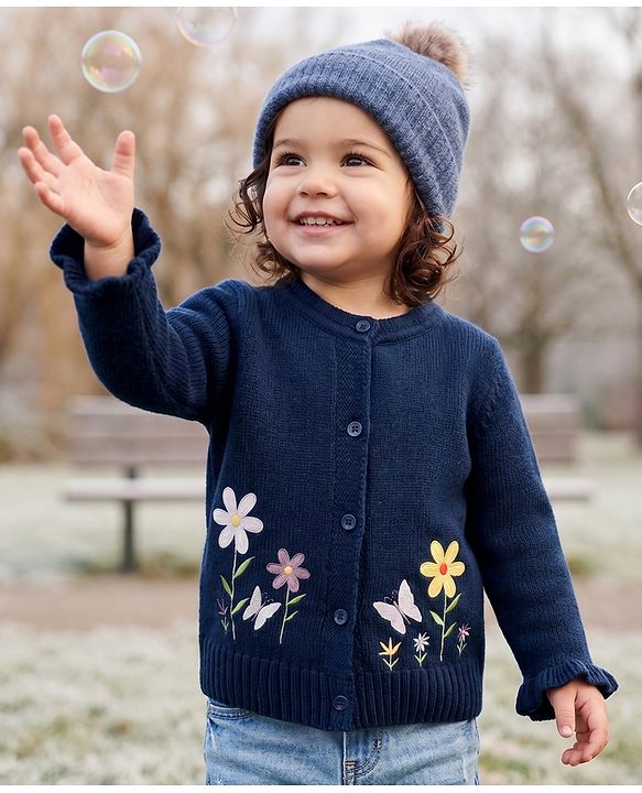 Babyhug Knit Full Sleeves Front Open Sweaters with Floral Design - Navy Blue