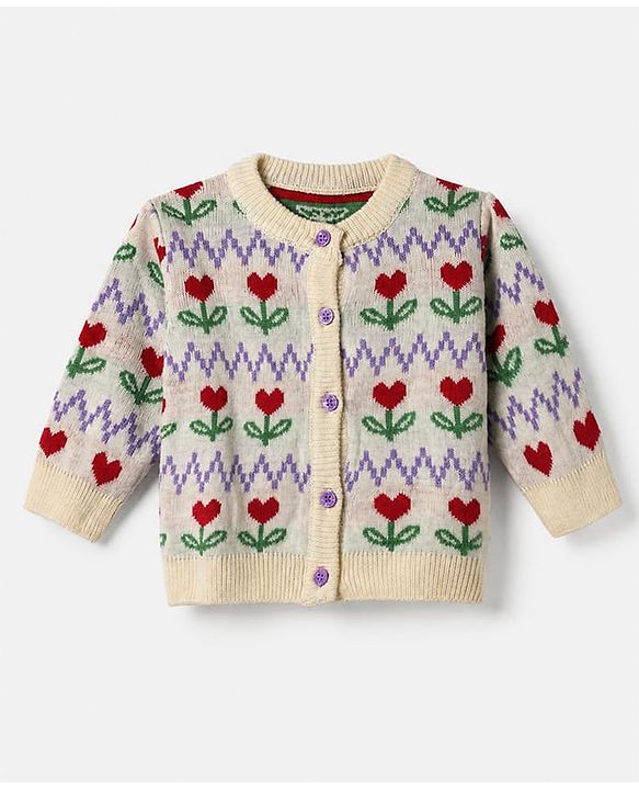 Babyhug Knit Full Sleeves Front Open Sweaters With Floral Design - White
