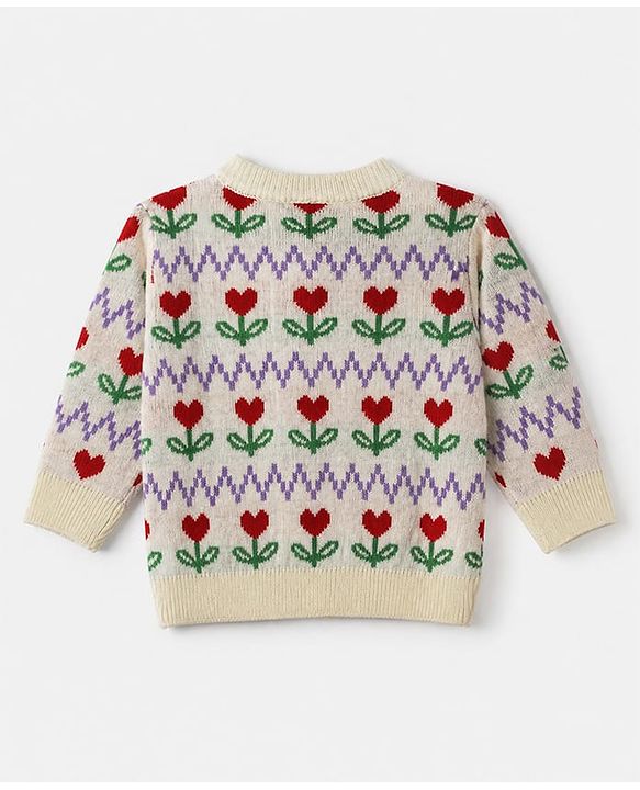 Babyhug Knit Full Sleeves Front Open Sweaters With Floral Design - White