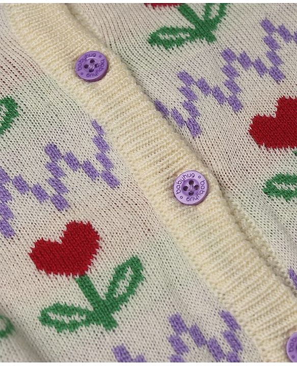 Babyhug Knit Full Sleeves Front Open Sweaters With Floral Design - White