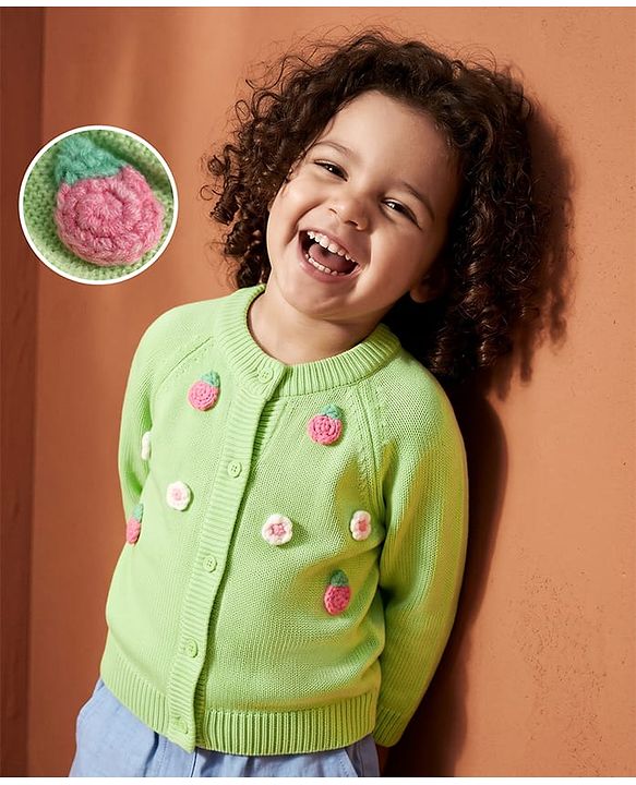 Babyhug Knit Full Raglan Sleeves Front Open Sweater with Floral Applique - Limegreen