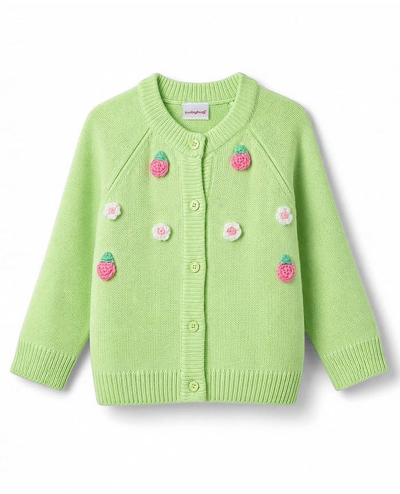 Babyhug Knit Full Raglan Sleeves Front Open Sweater with Floral Applique - Limegreen