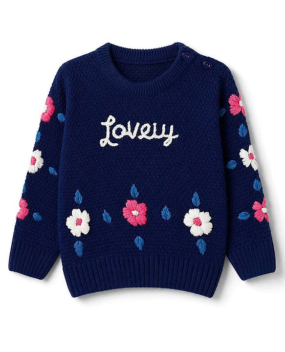 Babyhug Knit Full Sleeves Pullovers With Text & Floral Embroidery - Navy Blue