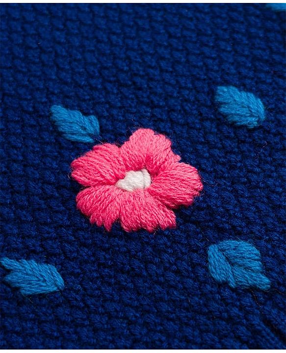 Babyhug Knit Full Sleeves Pullovers With Text & Floral Embroidery - Navy Blue