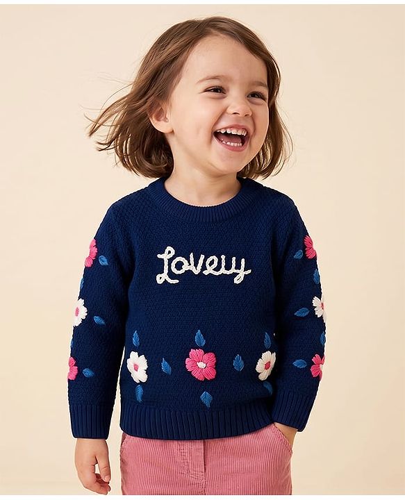 Babyhug Knit Full Sleeves Pullovers With Text & Floral Embroidery - Navy Blue