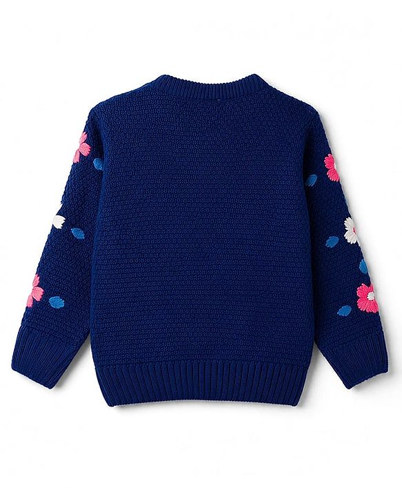 Babyhug Knit Full Sleeves Pullovers With Text & Floral Embroidery - Navy Blue