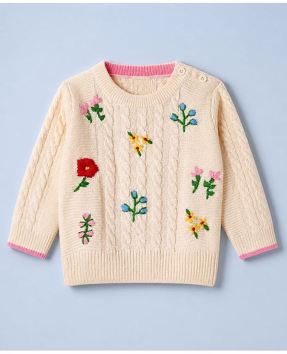 Babyhug Knit r Full Sleeves Pullover With Flower Embroidery & Cable Knit Design - White