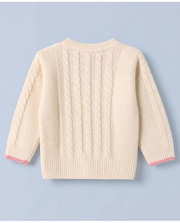 Babyhug Knit r Full Sleeves Pullover With Flower Embroidery & Cable Knit Design - White