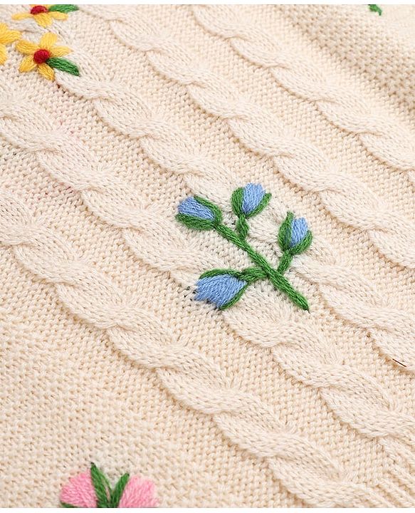 Babyhug Knit r Full Sleeves Pullover With Flower Embroidery & Cable Knit Design - White