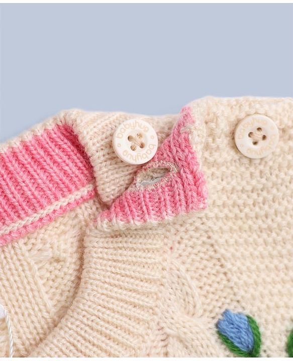 Babyhug Knit r Full Sleeves Pullover With Flower Embroidery & Cable Knit Design - White