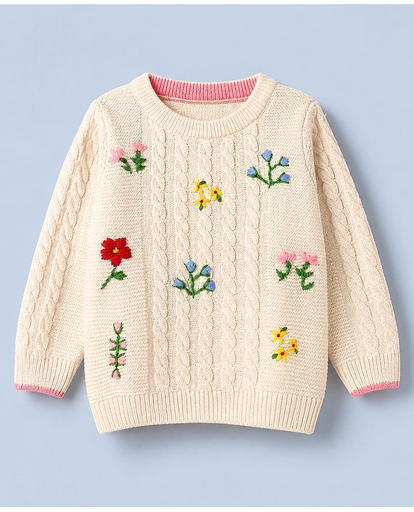Babyhug Knit r Full Sleeves Pullover With Flower Embroidery & Cable Knit Design - White