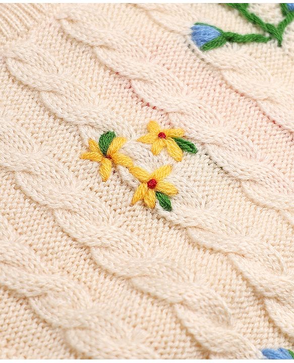 Babyhug Knit r Full Sleeves Pullover With Flower Embroidery & Cable Knit Design - White
