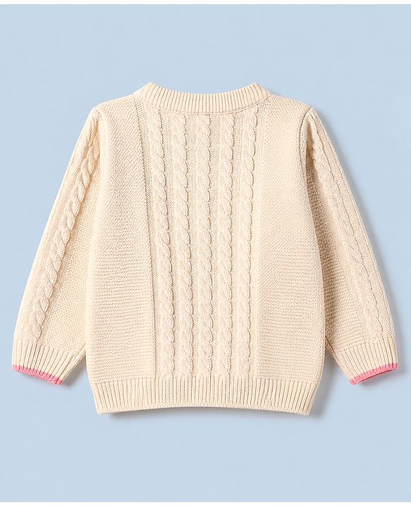 Babyhug Knit r Full Sleeves Pullover With Flower Embroidery & Cable Knit Design - White
