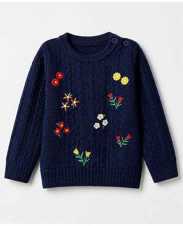 Babyhug Knit Full Sleeves Pullover with Floral Embroidery & Cable Knit Design - Navy Blue