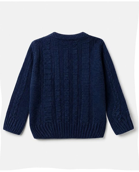 Babyhug Knit Full Sleeves Pullover with Floral Embroidery & Cable Knit Design - Navy Blue