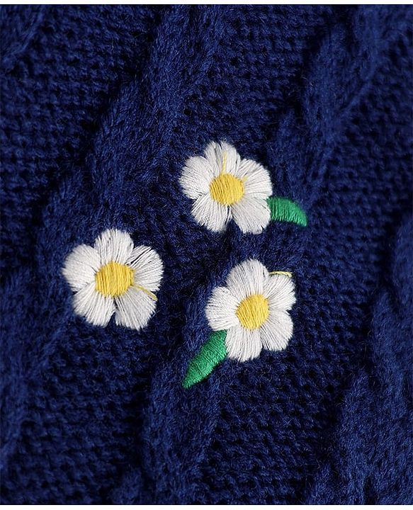 Babyhug Knit Full Sleeves Pullover with Floral Embroidery & Cable Knit Design - Navy Blue