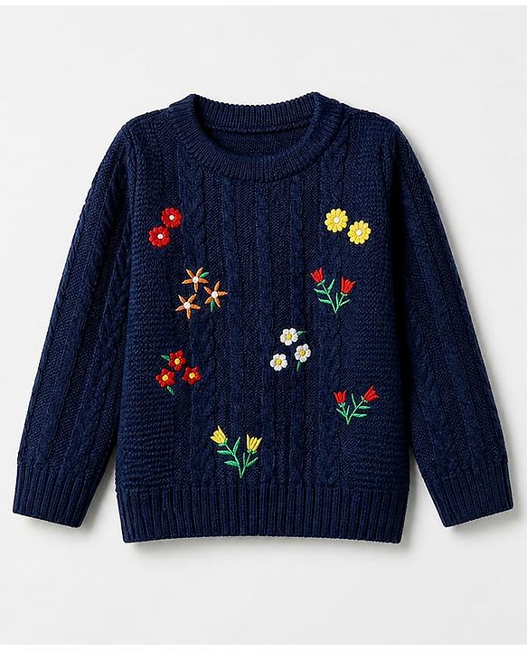 Babyhug Knit Full Sleeves Pullover with Floral Embroidery & Cable Knit Design - Navy Blue