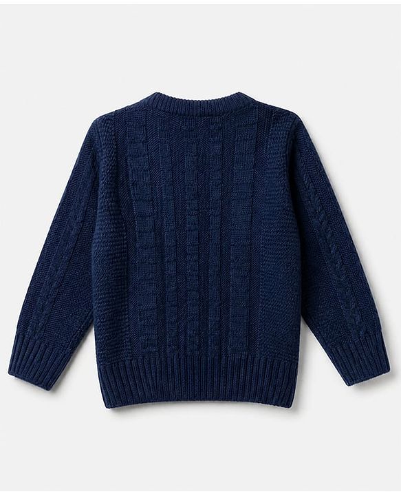 Babyhug Knit Full Sleeves Pullover with Floral Embroidery & Cable Knit Design - Navy Blue