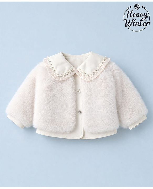 Babyhug Fur Woven Jacket with Full Sleeves and Peter Pan Collar - Offwhite