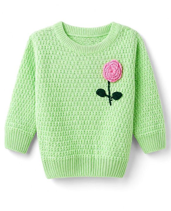 Babyhug Knit Full Sleeves  Pullover With Cable Knit Design & Floral Embroidery - Light Green