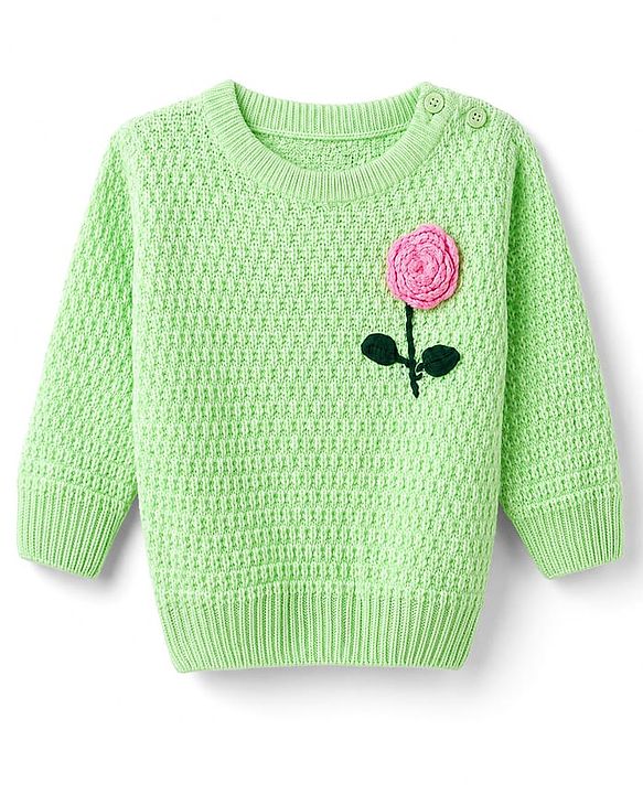 Babyhug Knit Full Sleeves  Pullover With Cable Knit Design & Floral Embroidery - Light Green