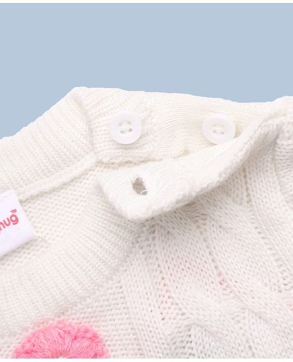 Babyhug Full Sleeves Pullovers With Cable Knit & Floral Design - White