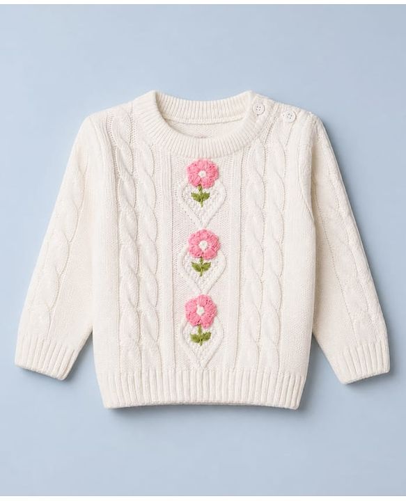 Babyhug Full Sleeves Pullovers With Cable Knit & Floral Design - White