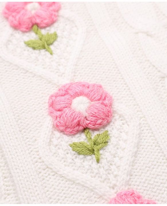 Babyhug Full Sleeves Pullovers With Cable Knit & Floral Design - White