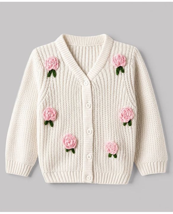 Babyhug Knit Full Sleeves Front Open Sweater with Rose Applique - White