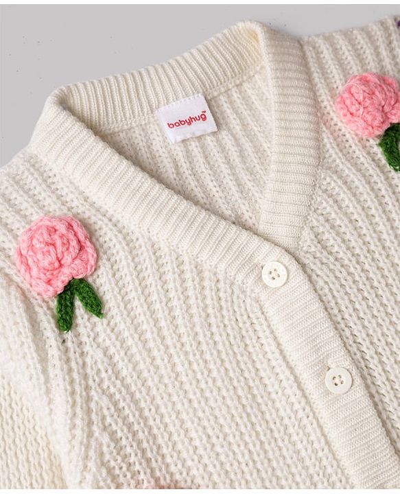 Babyhug Knit Full Sleeves Front Open Sweater with Rose Applique - White
