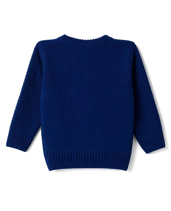 Babyhug Knit Full Sleeves Front Open Sweaters With Cable Design & Floral Embroidery  - Navy Blue