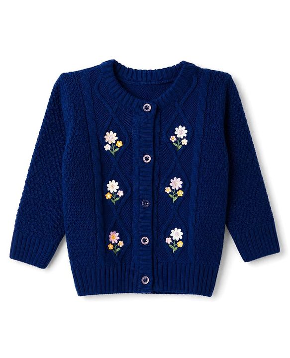 Babyhug Knit Full Sleeves Front Open Sweaters With Cable Design & Floral Embroidery  - Navy Blue