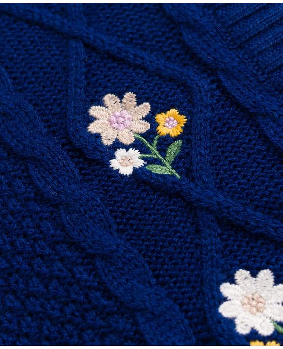 Babyhug Knit Full Sleeves Front Open Sweaters With Cable Design & Floral Embroidery  - Navy Blue