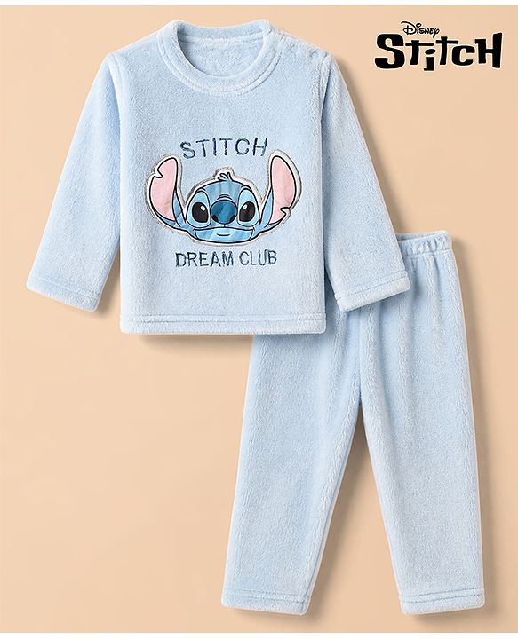 Babyhug Disney 100% Cotton Fleece Knit Full Sleeves Winter Wear Suit With Stitch Graphic - Light Blue