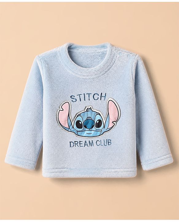 Babyhug Disney 100% Cotton Fleece Knit Full Sleeves Winter Wear Suit With Stitch Graphic - Light Blue