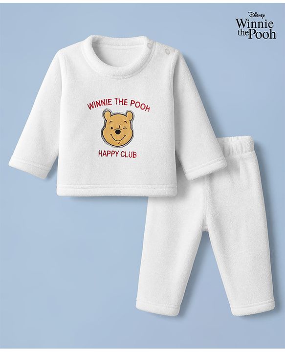 Babyhug Disney 100% Cotton Fleece Knit Full Sleeves T-Shirt and Pant Set with Winnie The Pooh Graphic in White