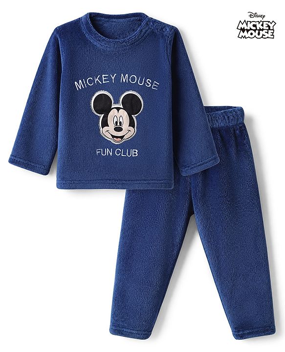 Babyhug Disney 100% Cotton Fleece Knit Full Sleeves Winter Wear Suit With Mickey Mouse Graphic - Navy Blue