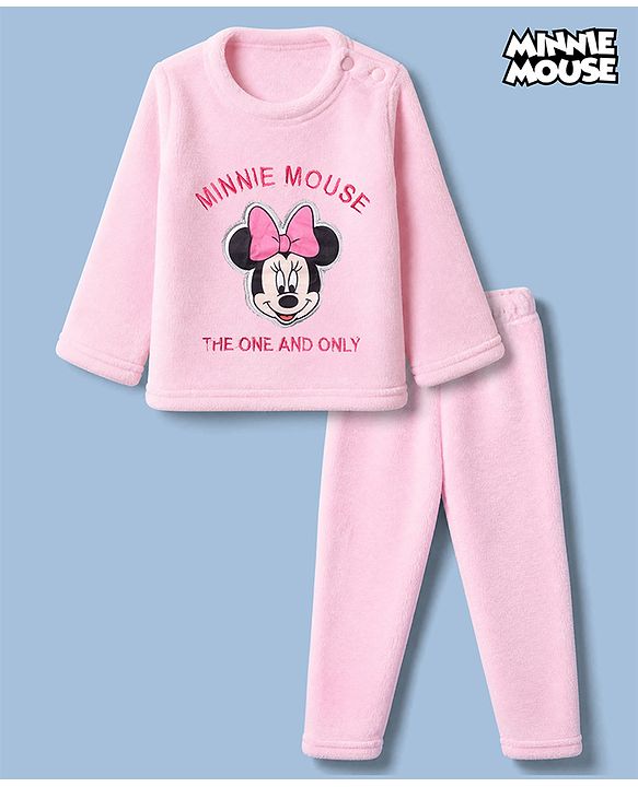 Babyhug Disney Fleece 100% Cotton Knit Full Sleeves Winter Wear Suit With Minnie Mouse Graphic - Light Pink