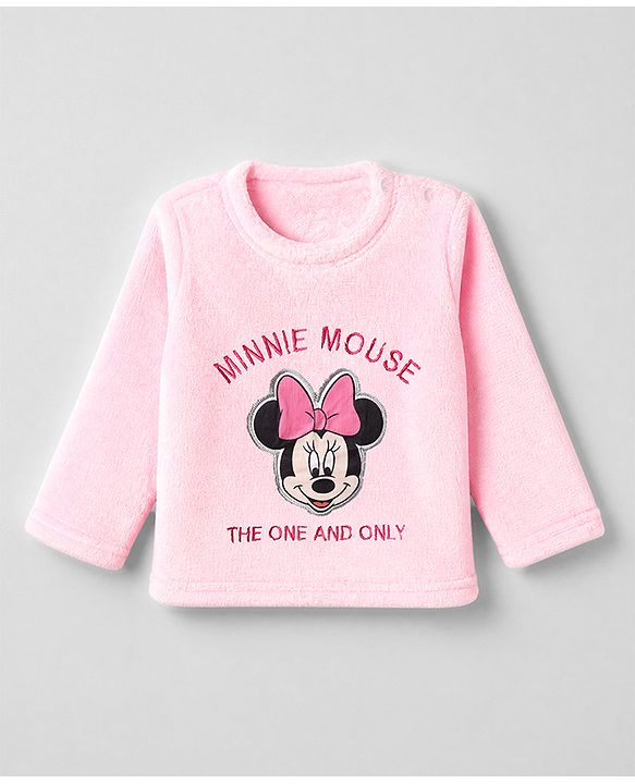 Babyhug Disney Fleece 100% Cotton Knit Full Sleeves Winter Wear Suit With Minnie Mouse Graphic - Light Pink