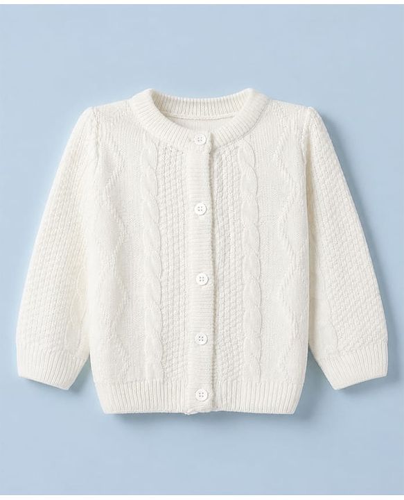 Babyhug Knit Front Open Full Sleeves Sweater and Pant Set with Cable Knit Off White