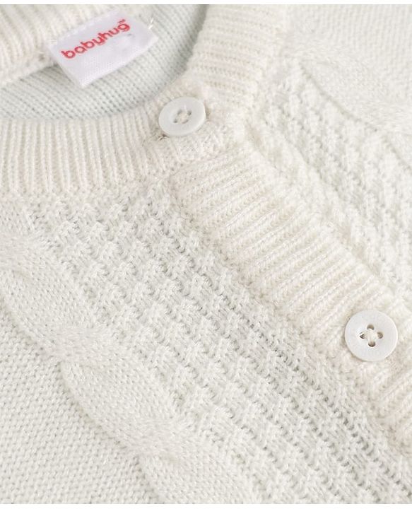Babyhug Knit Front Open Full Sleeves Sweater and Pant Set with Cable Knit Off White