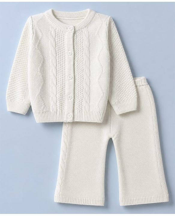Babyhug Knit Front Open Full Sleeves Sweater and Pant Set with Cable Knit Off White